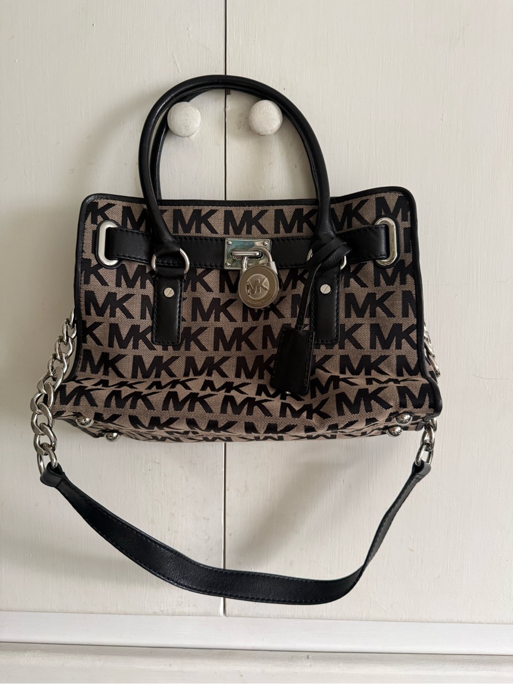 Michael Kors Black and Tan MK Logo Satchel with Chain Strap